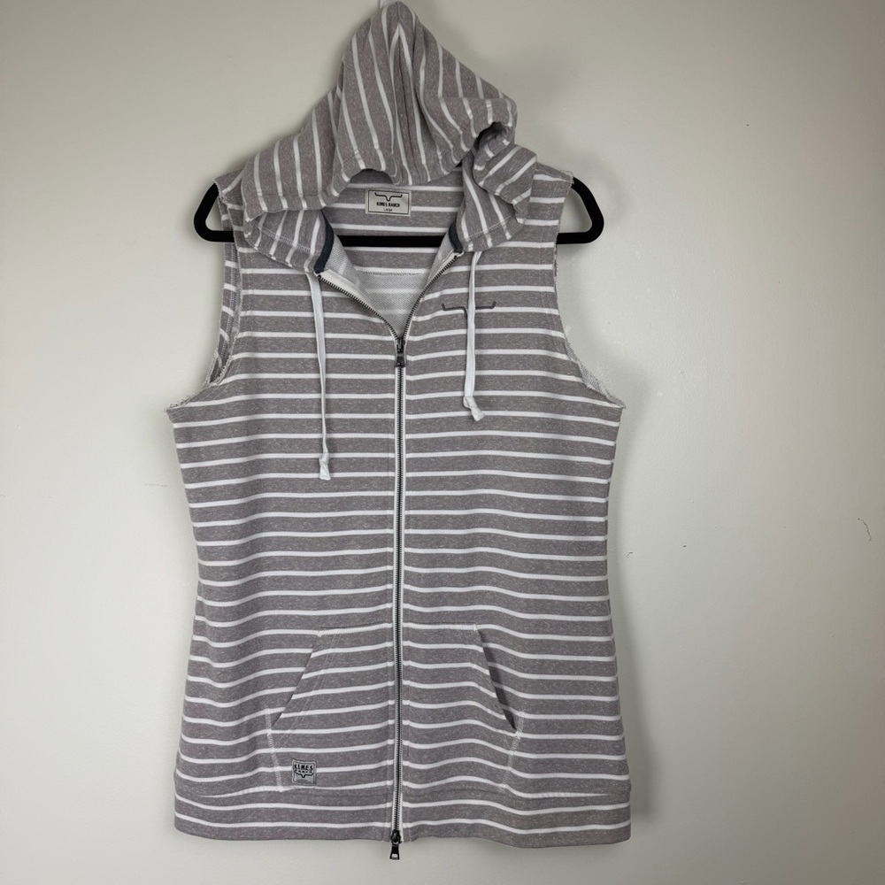 KIMES RANCH Striped Hooded Sleeveless Sweatshirt Taupe White Vest Western Large
